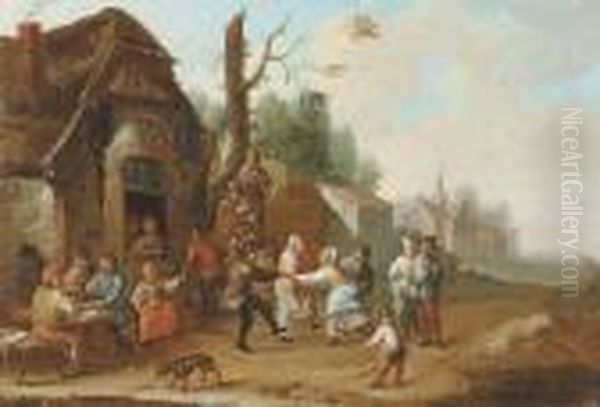 Peasants Carrousing And Merrymaking Outside An Inn Oil Painting by Franz Ferg