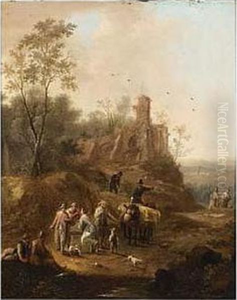 A Hilly Landscape With A Horse-drawn Wagon And Travellers Conversing On Oil Painting by Franz Ferg