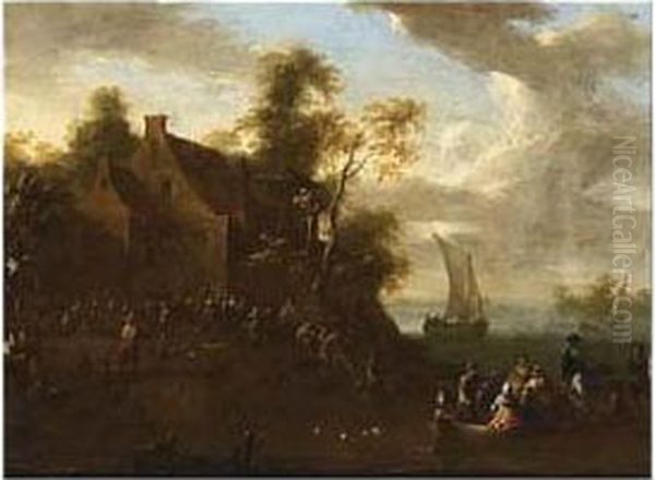 A River Scene With Peasants Returning In A Ferry From A Oil Painting by Franz Ferg