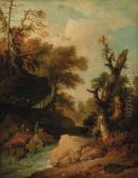 A Rocky River Landscape With Travellers Resting On A Bank Oil Painting by Franz Ferg