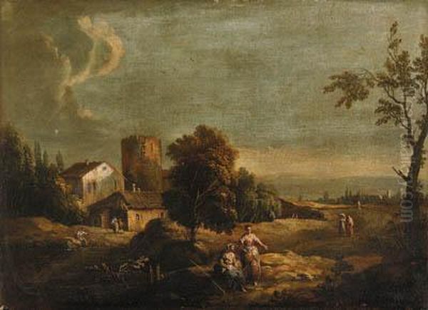 A Landscape With Peasants By A Ruined Tower Oil Painting by Franz Ferg