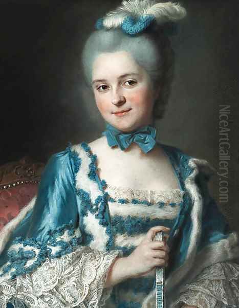 Portrait of Madame Cailloux bust-length, wearing a blue dress and holding a fan, seated on a Louis XV chair Oil Painting by Maurice Quentin de La Tour