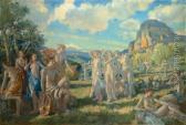 The Poet, Accompanied By Some Of The Muses, Finds Inspiration In Nature Oil Painting by Wilfred Gabriel De Glehn