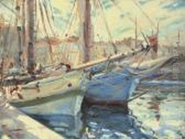 Boats In A Harbour, St Tropez Oil Painting by Wilfred Gabriel De Glehn