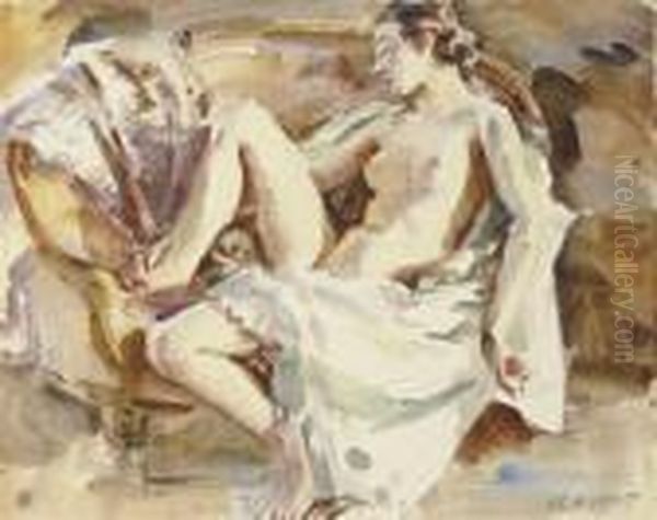 Study Of A Reclining Female Nude (illustrated); And An Olive Grovein The South Of France Oil Painting by Wilfred Gabriel De Glehn