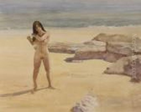 Nude Dark Haired Bather Combing Hair On Beach Oil Painting by Wilfred Gabriel De Glehn