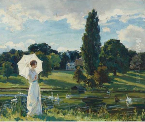 Lynn Fontanne By The Thames Oil Painting by Wilfred Gabriel De Glehn