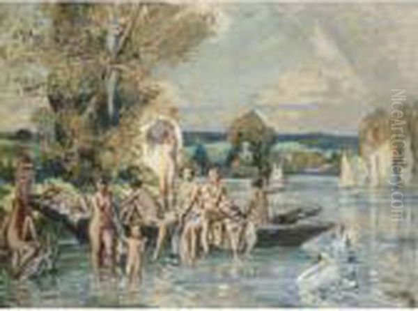 A Swim In The Pond Oil Painting by Wilfred Gabriel De Glehn