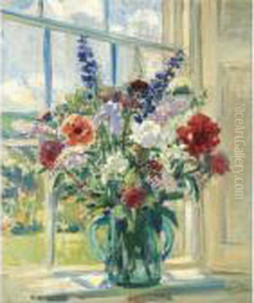 Flowers On A Window Ledge Oil Painting by Wilfred Gabriel De Glehn