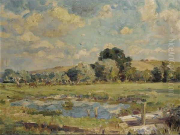 Cattle Grazing By A Pond Oil Painting by Wilfred Gabriel De Glehn