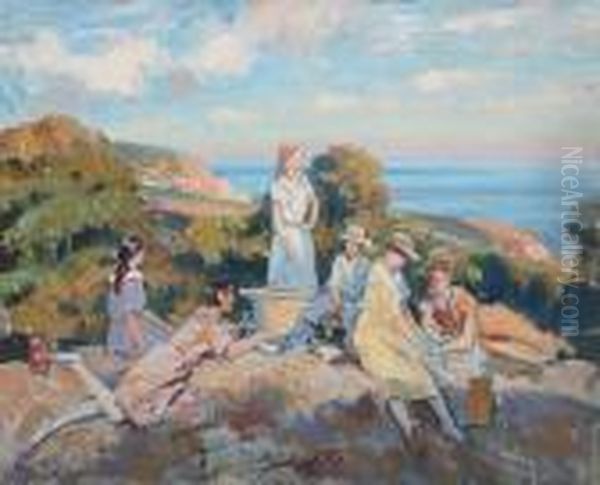 Picnic At Gwendreath, Cornwall Oil Painting by Wilfred Gabriel De Glehn