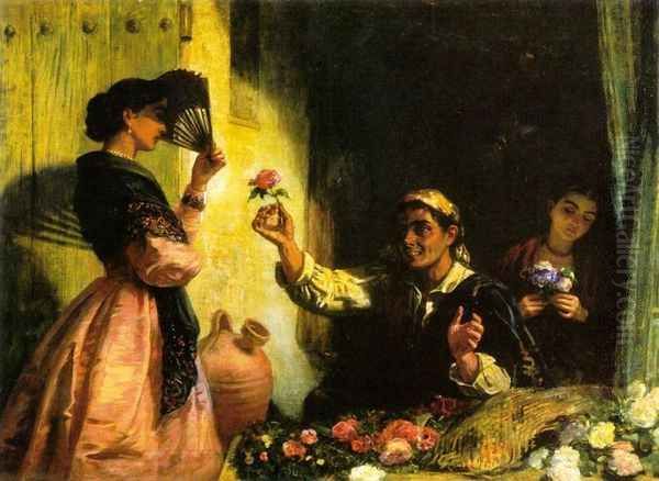 A Spanish Flower Seller Oil Painting by Edwin Longsden Long