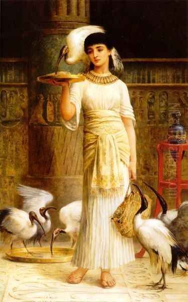 Ale the Attendant of the Sacred Ibis in the Temple of Isis Oil Painting by Edwin Longsden Long