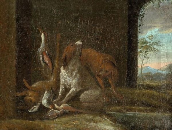 Jagdstuck Mit Hunden, Vogeln Und Einem Hasen Oil Painting by Adriaen de Gryef