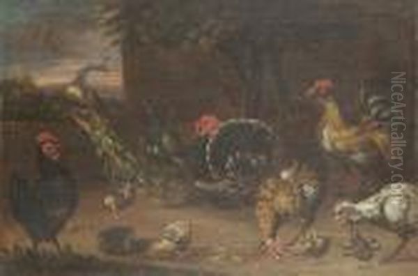 A Peacock, Roosters And Various Fowl In A Barnyard Oil Painting by Adriaen de Gryef