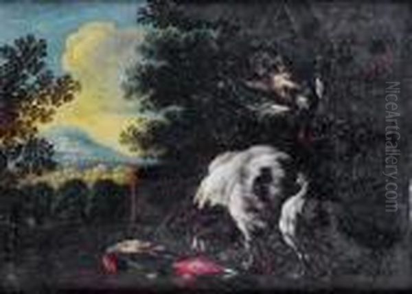 A Spaniel With Dead Birds In A Landscape Oil Painting by Adriaen de Gryef