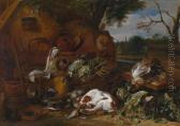 Gryeff Einschlafender Hund Vor 
Einem Stillleben Mit Federvieh Und Gemuse Vorlandlicher Kulisse Oil Painting by Adriaen de Gryef