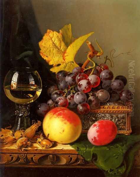 A Still Life of Black Grapes, a Peach, a Plum, Hazelnuts, a Metal Casket and a Wine Glass on a Carved Wooden Ledge Oil Painting by Edward Ladell