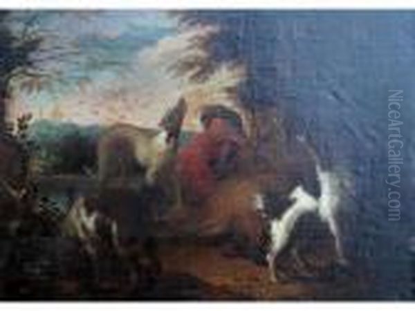 A Sportsman With Three Hounds Oil Painting by Adriaen de Gryef