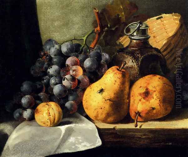 Pears, Grapes, A Greengage, Plums A Stoneware Flask And A Wicker Basket On A Wooden Ledge Oil Painting by Edward Ladell