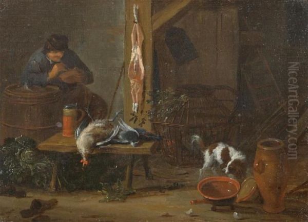 Interior With Pipe Smoker, Game And Dog Oil Painting by Adriaen de Gryef