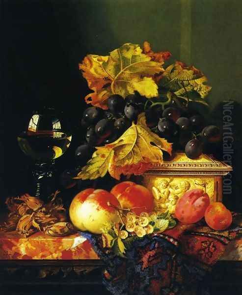 Black Grapes on a Carved Ivory Box, Peaches, Whitecurrants and Hazelnuts with a Hoch Glass on a Marble Ledge Oil Painting by Edward Ladell