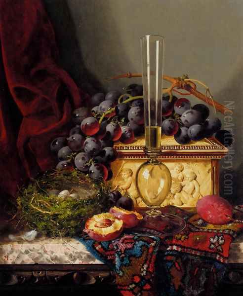 Still Life With Fruit, Birds Nest, Glass Vase And Casket Oil Painting by Edward Ladell