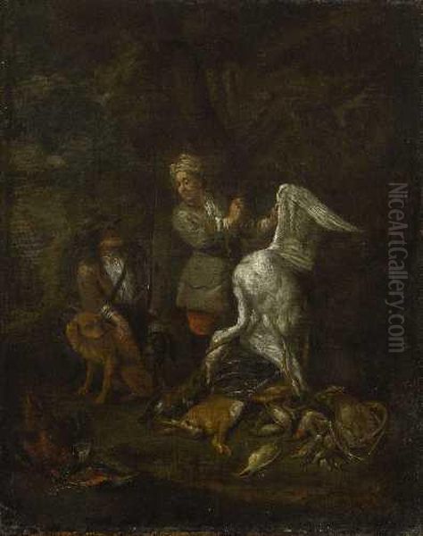 Zwei Jager Mit Zwei Hunden Und Ihrer Jagdbeute. Oil Painting by Adriaen de Gryef