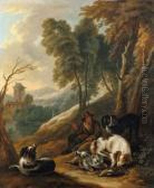 Jager Mit Hunden Und Jagdbeute Vor Sudlicher Landschaft Oil Painting by Adriaen de Gryef