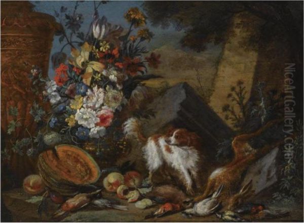 A Still Life With A Bouquet Of 
Flowers In A Vase, A Pumpkin, Prunesand Peaches, And A Dead Hare And 
Dead Birds In The Foreground,together With A Dog Oil Painting by Adriaen de Gryef