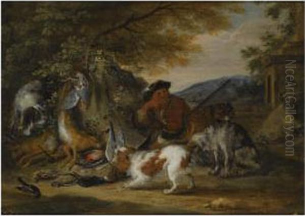 A Wooded Landscape With A 
Huntsman Resting With His Hounds, Near Ahunting Still Life Of Dead Hares
 And Songbirds Oil Painting by Adriaen de Gryef