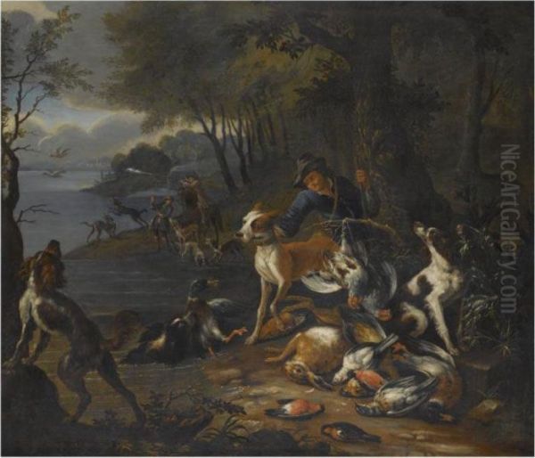 A Wooded Landscape With Huntsmen
 And Their Hounds On The Banksof A Lake, An Abundance Of Dead Game In 
The Foreground Oil Painting by Adriaen de Gryef