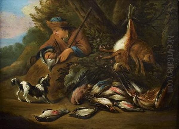 Chasseur Et Son Chien Devant Un Trophee De Chasse Oil Painting by Adriaen de Gryef