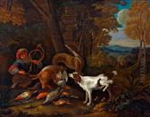 Ein Neben Seiner Jagdbeute Sitzender Jager Mit Hund Oil Painting by Adriaen de Gryef