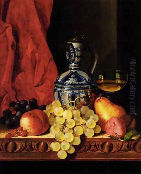 Still Life With Grapes, A Peach, Plums And A Pear On A Table With A Wine Glass And A Flask Oil Painting by Edward Ladell