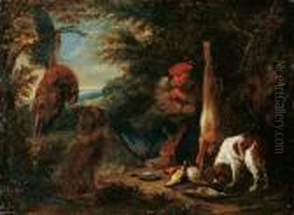 Zwei Landschaften Mit Jagdstillleben. Oil Painting by Adriaen de Gryef