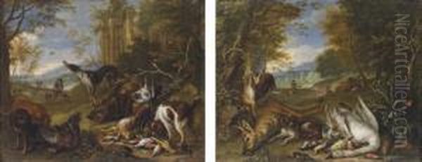 A Hound Guarding Dead Game 
Birds, A Stag And A Hare, With Huntsmen In A Landscape; And Hounds With A
 Dead Swan, Hare And A Boar, With Huntsmen In A Landscape Oil Painting by Adriaen de Gryef