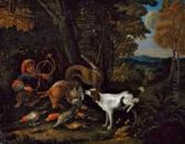 Jager Mit Hund Und Erlegtem Wild. Oil Painting by Adriaen de Gryef