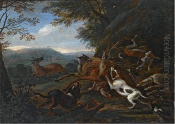 A Hunting Scene With A Deer Beset By Hounds Oil Painting by Adriaen de Gryef