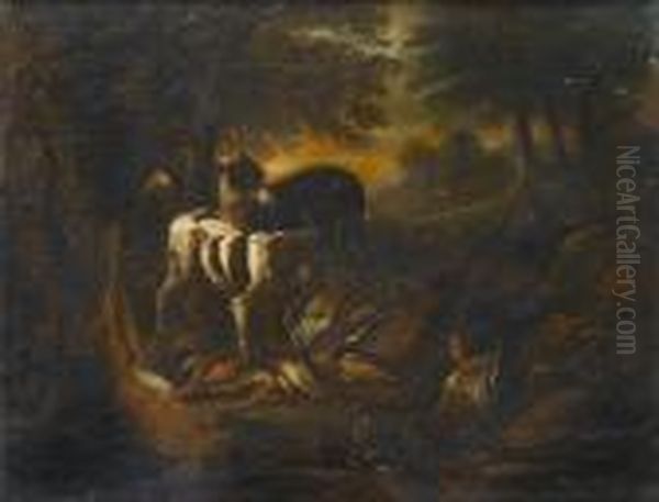 Spaniels Beside A Dead Heron, 
Finches And A Hare In A Landscape; And A Hound And A Spaniel With Dead 
Ducks, Finches And A Hare In A Landscape, A Huntsman Resting Nearby Oil Painting by Adriaen de Gryef