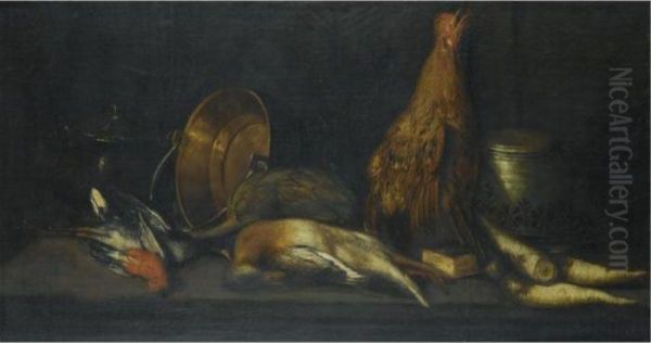 A Still Life With Dead Fowl, Artichokes, Parsnips, Pots And A Bucket Oil Painting by Adriaen de Gryef