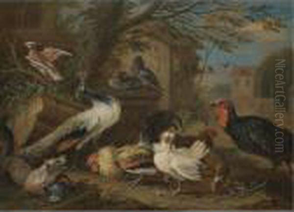 A Farmyard Still Life With A Peacock, Pigeons, Cockerels, And A Fox Oil Painting by Adriaen de Gryef