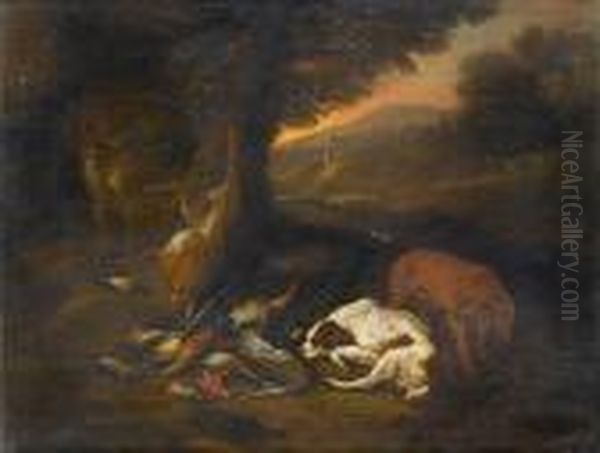 Spaniels Beside A Dead Heron, 
Finches And Hare In A Landscape; And A Hound And A Spaniel With Dead 
Ducks, Finches And Hare In A Landscape With A Huntsman Resting Nearby Oil Painting by Adriaen de Gryef