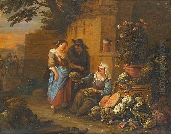 Figures Buying Fruit From A Stall Beside Ruins In An Italianate Landscape Oil Painting by Adriaen de Gryef