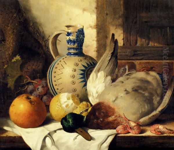 Prawns, A Mallard, A Lemon, An Apple, Grapes And A Stoneware Jug On A Draped Wooden Ledge Oil Painting by Edward Ladell