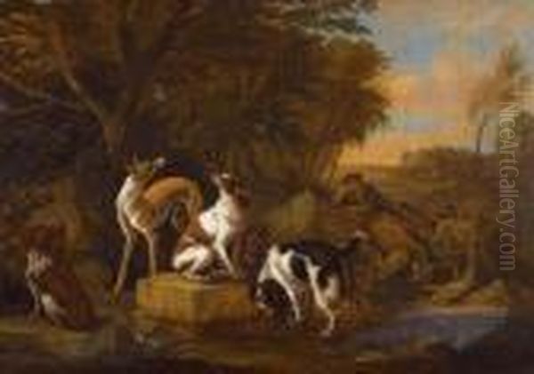 Hunter, Hunting Dog And Kill. Oil Painting by Adriaen de Gryef