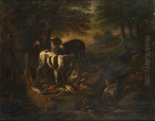 Gryef A Pair - Restingfigures 
With Hunting Dogs Guarding Dead Game, In Wooded Italianatelandscapes Oil Painting by Adriaen de Gryef