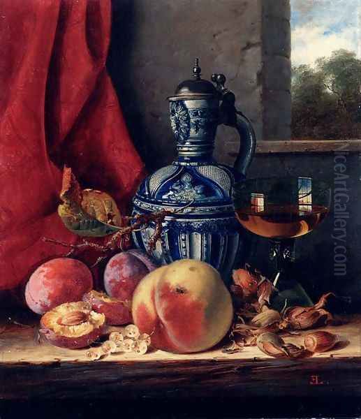 Still Life with Peaches, Whitecurrants, Hazelnuts, a Glass and a Stoneware Jug on a wooden Ledge with a Landscape beyond Oil Painting by Edward Ladell