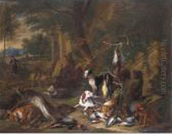 Still Life Of Game With A 
Huntsman Smoking A Pipe Together With His Hounds In A Landscape Oil Painting by Adriaen de Gryef