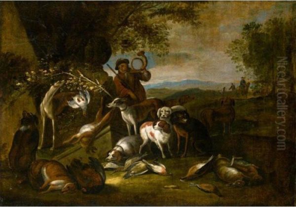 A Huntsman And His Hounds In A Landscape With Various Dead Game Oil Painting by Adriaen de Gryef